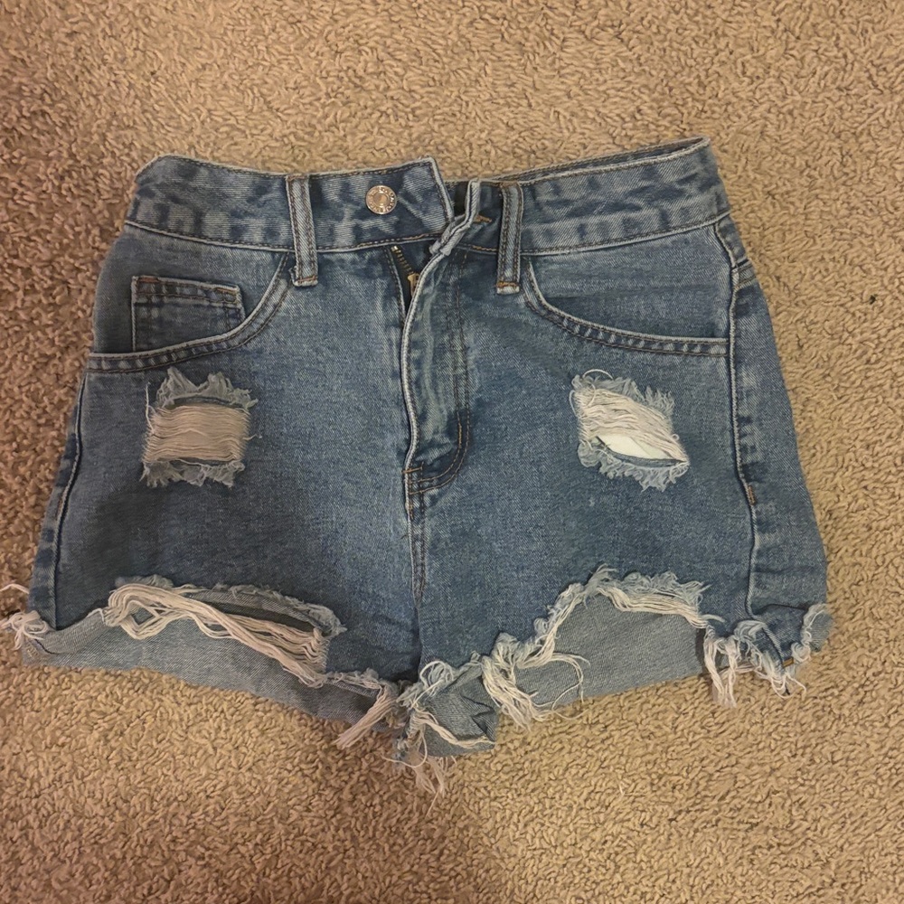 SHEIN Blue Distressed High Rise Denim Shorts